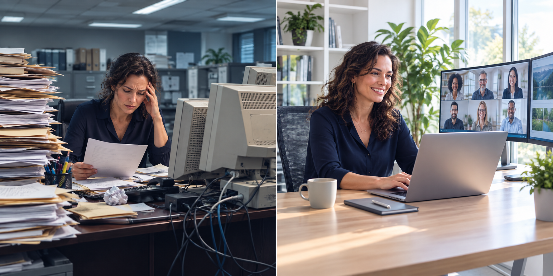 Before and after: a desk buried in paperwork and an outdated CRT monitor, transformed into a bright, calm workspace running a smooth video call on a laptop