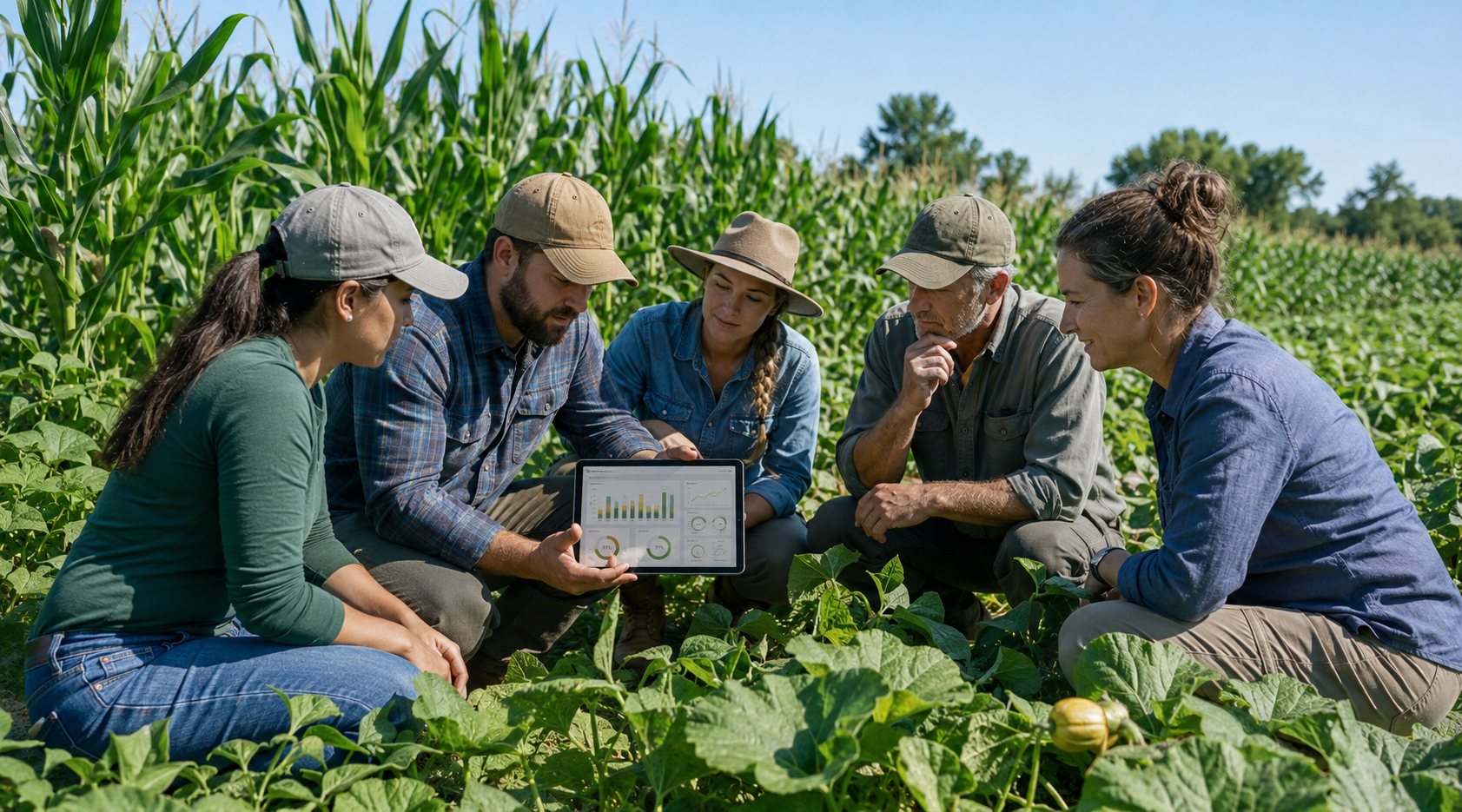 A field team reviewing environmental and impact data on a tablet