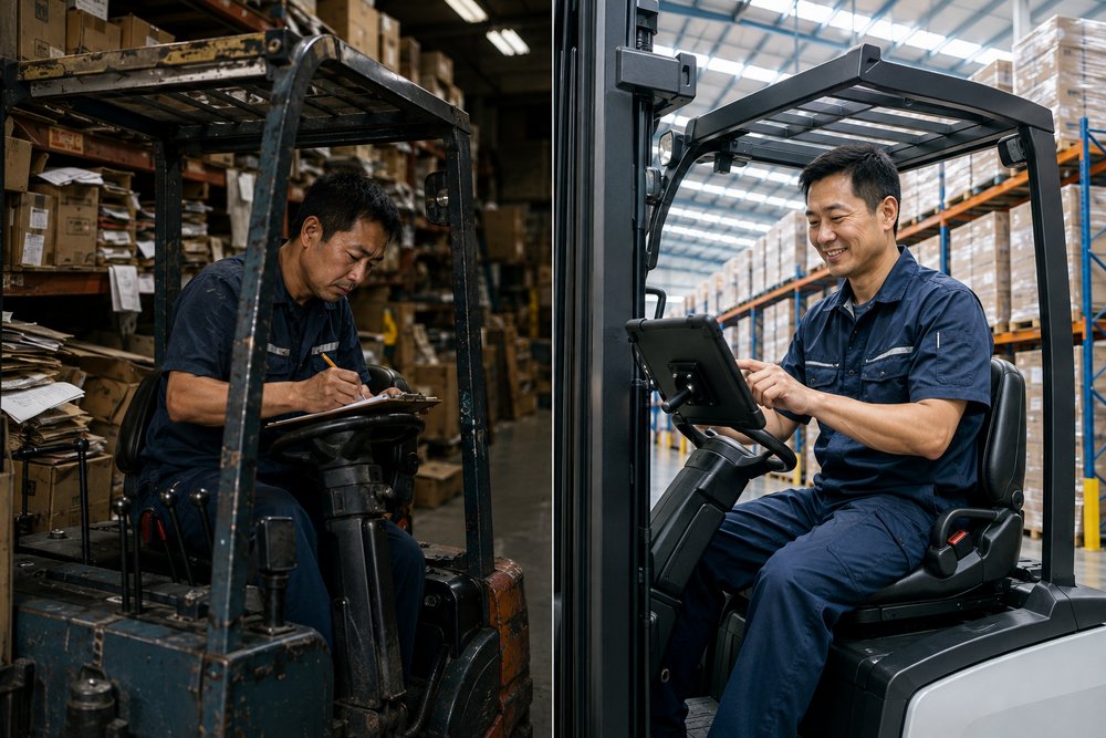 Before and after: manual clipboard tracking on an old forklift in a cluttered warehouse, transformed into confident digital logistics on a tablet in an organized warehouse