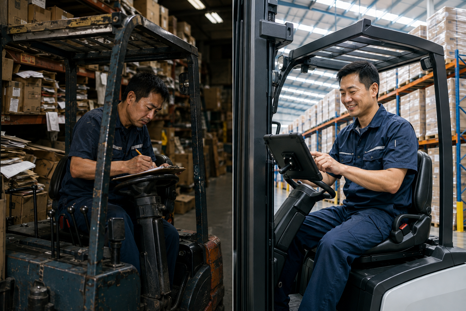 Before and after: manual clipboard tracking on an old forklift in a cluttered warehouse, transformed into confident digital logistics on a tablet in an organized warehouse
